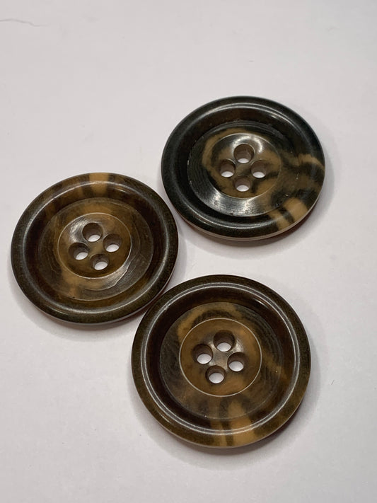 Vintage 3 Round Plastic Buttons, Four Holes, Brown, 3.0 cm, New/Old Stock
