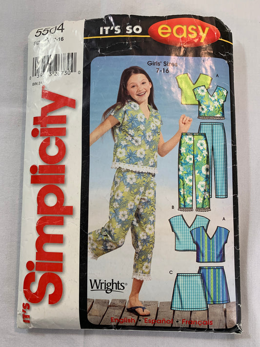 Simplicity Sewing Pattern 5504 Girls' Top, Skirt, Pants, Cropped, 3 Variations, Pullover, Pull-On, Elastic Waist, Size 7-16, Cut, 2002