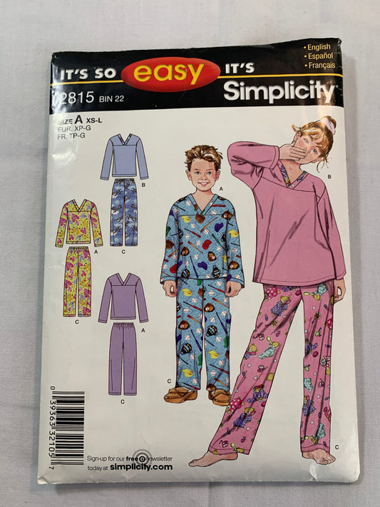 Simplicity Sewing Pattern 2815 Boys'/Girls' Pajamas, Loungewear, Tops, Pants, Elastic Waist, Long Sleeves, Pullover, Pull-On, Size 23-34 Chest, Uncut, 2001