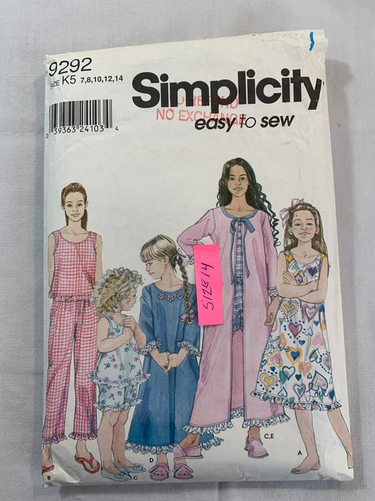 Simplicity Sewing Pattern 9292 Girls' Pajamas, Nightgown, Robe, Two Lengths, Long Sleeves, Elastic Waist, Size 7-14. Cut, 2002