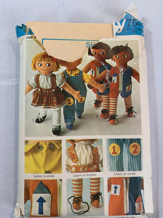 Simplicity Sewing Pattern 9137 Educational Rag Dolls. 24" Doll, Numbers, Colors, Zipper, Buttons, Shapes, Snaps, Cut, Vintage 1970