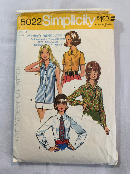 Simplicity Sewing Pattern 5022 Misses' Blouses, Ties, Shirts, Button Front, Long/Short Sleeves, Sleeveless, Collar,4 Variations Size 12, Cut, Vintage 1972