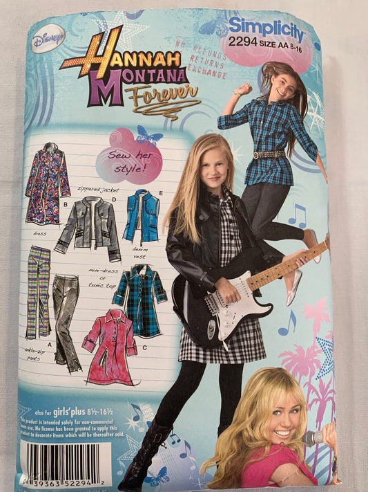 Simplicity Hannah Montana Sewing Pattern 2294 Girls' Plus Pants, Dress, Tunic, Jacket, Vest, Two Lengths, Button Front, Size 8-16, Cut, Vintage 1997