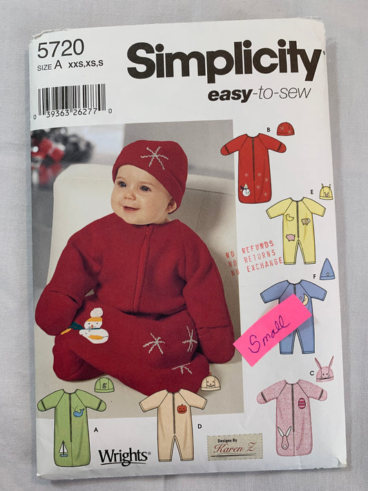 Simplicity Sewing Pattern 5720 Babies, Infants, Bunting, Romper, Hats, Zipper Front, Size 7-18 Pounds, Cut, 2002