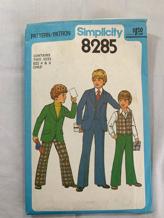 Simplicity Sewing Pattern 8285 Boys' Pants, Vest, Jacket, Zipper Front, Pockets, Elastic Waist, Button Front, Size 4-6, Cut, Vintage 1977
