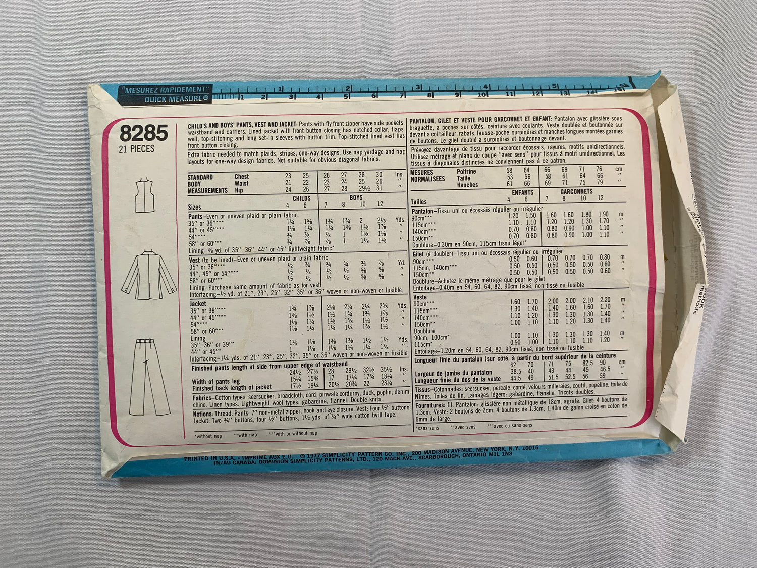 Simplicity Sewing Pattern 8285 Boys' Pants, Vest, Jacket, Zipper Front, Pockets, Elastic Waist, Button Front, Size 4-6, Cut, Vintage 1977