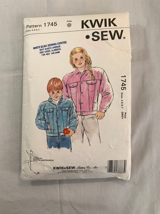 KWIK Sewing Pattern 1745 Boys'/Girls' Jean Jacket, Long Sleeves, Button Front, Pockets, Collar, Cut, Size 4-7, 2002