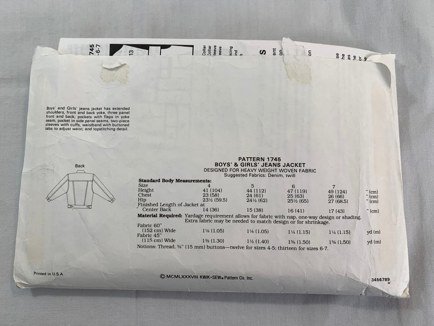 KWIK Sewing Pattern 1745 Boys'/Girls' Jean Jacket, Long Sleeves, Button Front, Pockets, Collar, Cut, Size 4-7, 2002