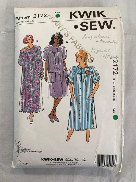 KWIK Sewing Pattern 2172 Misses' Sleepwear, Nightgown, Duster, Ruffles, Floor Length, Long/Short Raglan Sleeves, Size 31-45 Bust, Cut, Vintage 1992