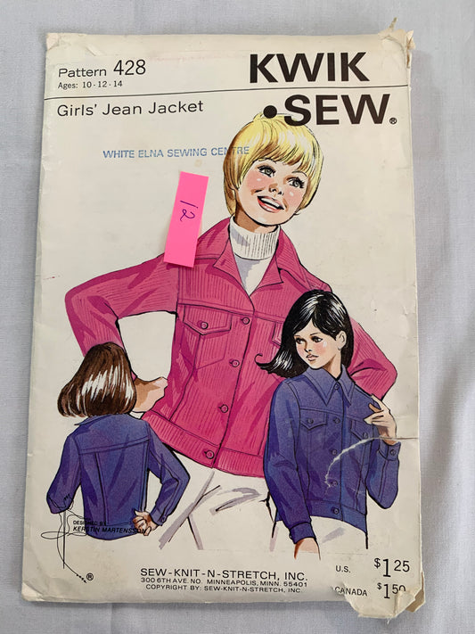 KWIK Sewing Pattern 428 Girls' Jean Jacket, Snap/Button Closure, Long Sleeves, Cuffs, Cut, Size 10-12, Vintage 1980