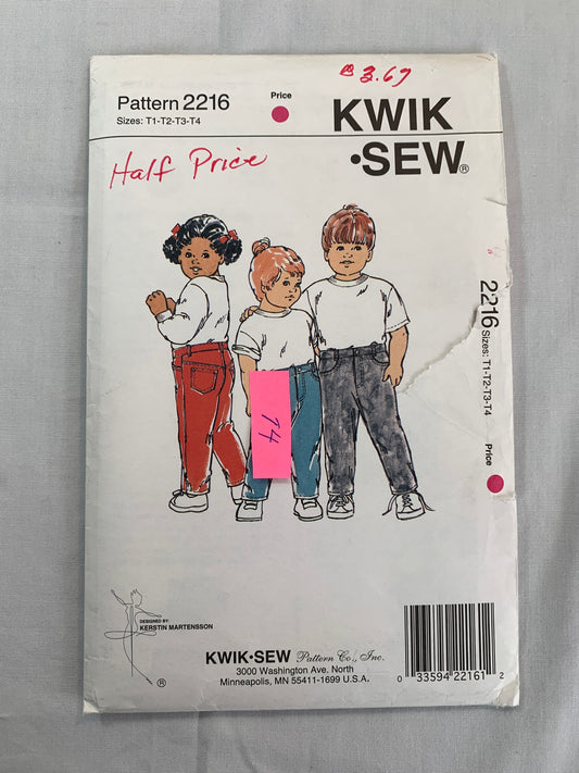 KWIK Sewing Pattern 2216 Toddlers' Pants, Pockets, Fly Zipper, Belt Loops, Size 1-4, Cut, Vintage 1992