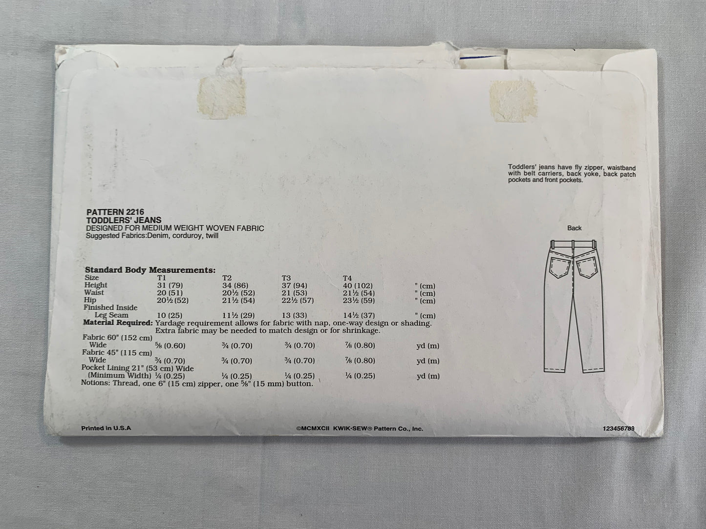 KWIK Sewing Pattern 2216 Toddlers' Pants, Pockets, Fly Zipper, Belt Loops, Size 1-4, Cut, Vintage 1992