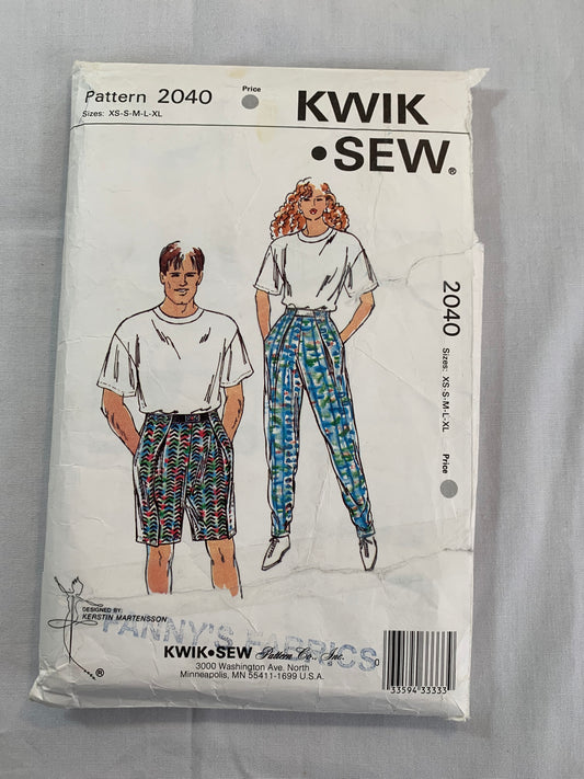 Kwik Sewing Pattern 2040 Misses' Pants, Shorts, Unisex, Elastic Waist, Pull-On, Tucks, Fasten Closure, Size 32-48 Hips, Cut, Vintage 1980