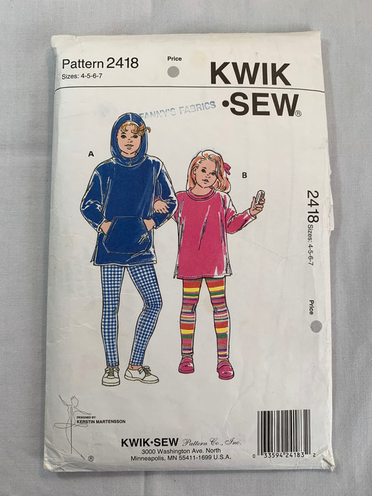 KWIK Sewing Pattern 2418 Girls' Tunic, Leggings, Elastic Waist, Pullover, Hood, Dropped Shoulders, Pocket, Size 4-7, Cut, Vintage 1995