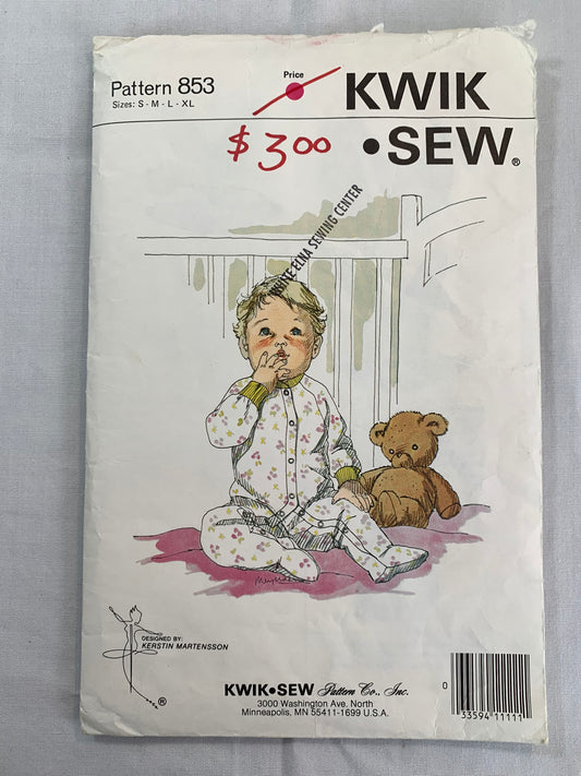 KWIK Sewing Pattern 853 Baby/Infants Sleeper, Jumpsuit, Snap Front, One Piece, Long Sleeves, Size 0-12 Months, Cut, Vintage 1998