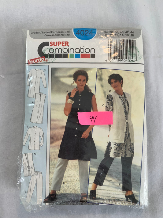 Burda Sewing Pattern 4024 Misses' Dress, Blouse, Vest, Pants, Button Front, Long Sleeves, Sleeveless, Pockets, Size 8-18, Cut, 2012