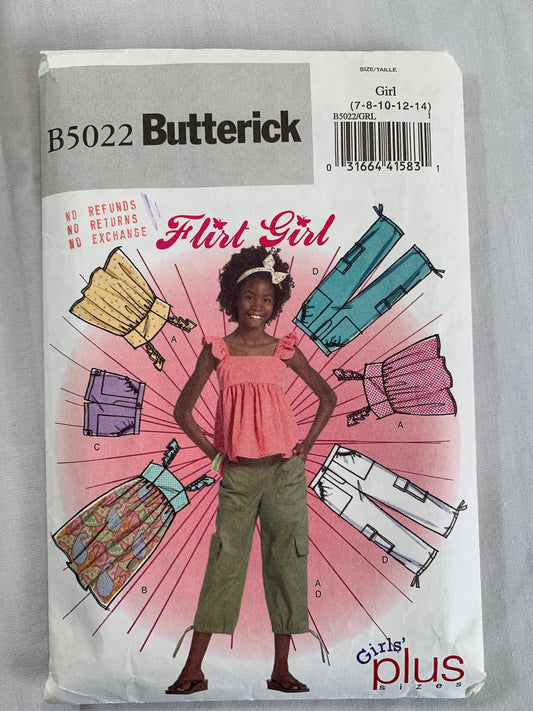 Butterick Sewing Pattern B5022 Girls' Plus Top, Dress, Shorts, Pants, Princess Seams, Elastic Waist, Pockets, Fly Zipper, Size 7-14, Cut, 2007