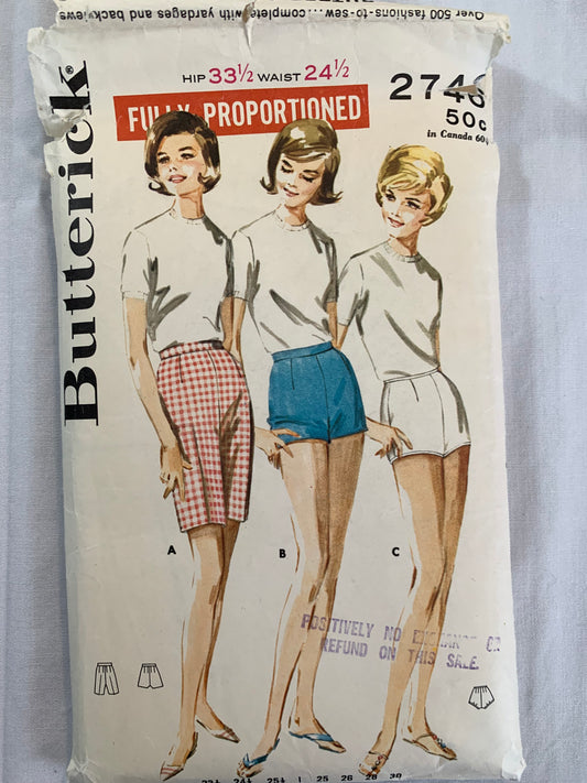 Butterick Sewing Pattern 2746 Misses' Shorts, Three Lengths, Side Zipper, Sportswear, Bermuda, Briefs, Size Waist 24 1/2", Cut, Vintage 1970