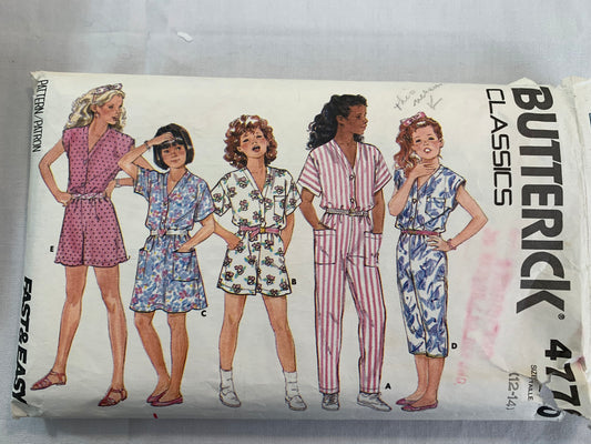 Butterick Sewing Pattern 4770 Girls' Dress, Jumpsuit, Two Lengths, A-Line, Tapered, Loose-Fitting, Short Sleeves, Size 12-14, Cut, Vintage 1987