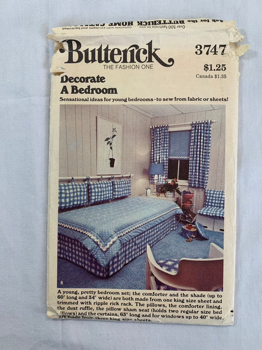 Butterick Sewing Pattern 3747 Home Decor, Decorate a Bedroom, Curtains, Pillows, Comforter, Dust Ruffle, Shams, Cut, Vintage 1985