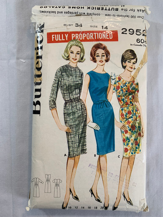 Butterick Sewing Pattern 2952 Misses' Skirt, Top, Sheath, Belt, Jewel Neckline, Short Sleeves, Sleeveless Size 14, Cut, Vintage 1950