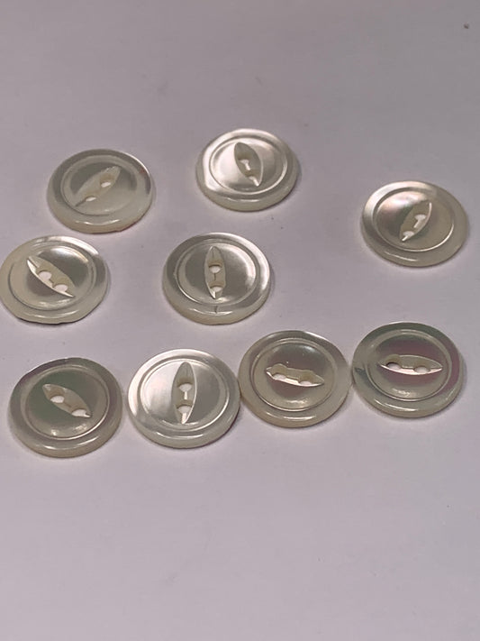 Vintage 9 Round Plastic Buttons, Two Holes, White, 1.0 cm, New/Old Stock