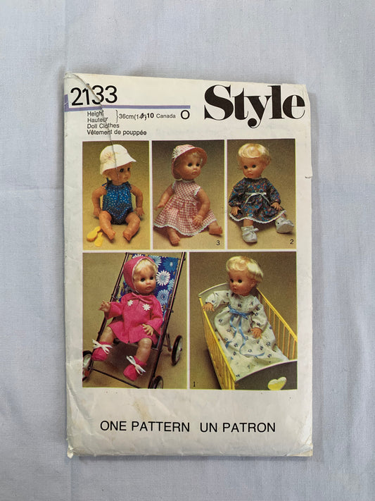 Style Sewing Pattern 2133 Crafts 14" Baby Doll's Wardrobe, Dress, Top, Bonnet, Robe, Swimsuit, Bootees, Cut, Vintage 1977
