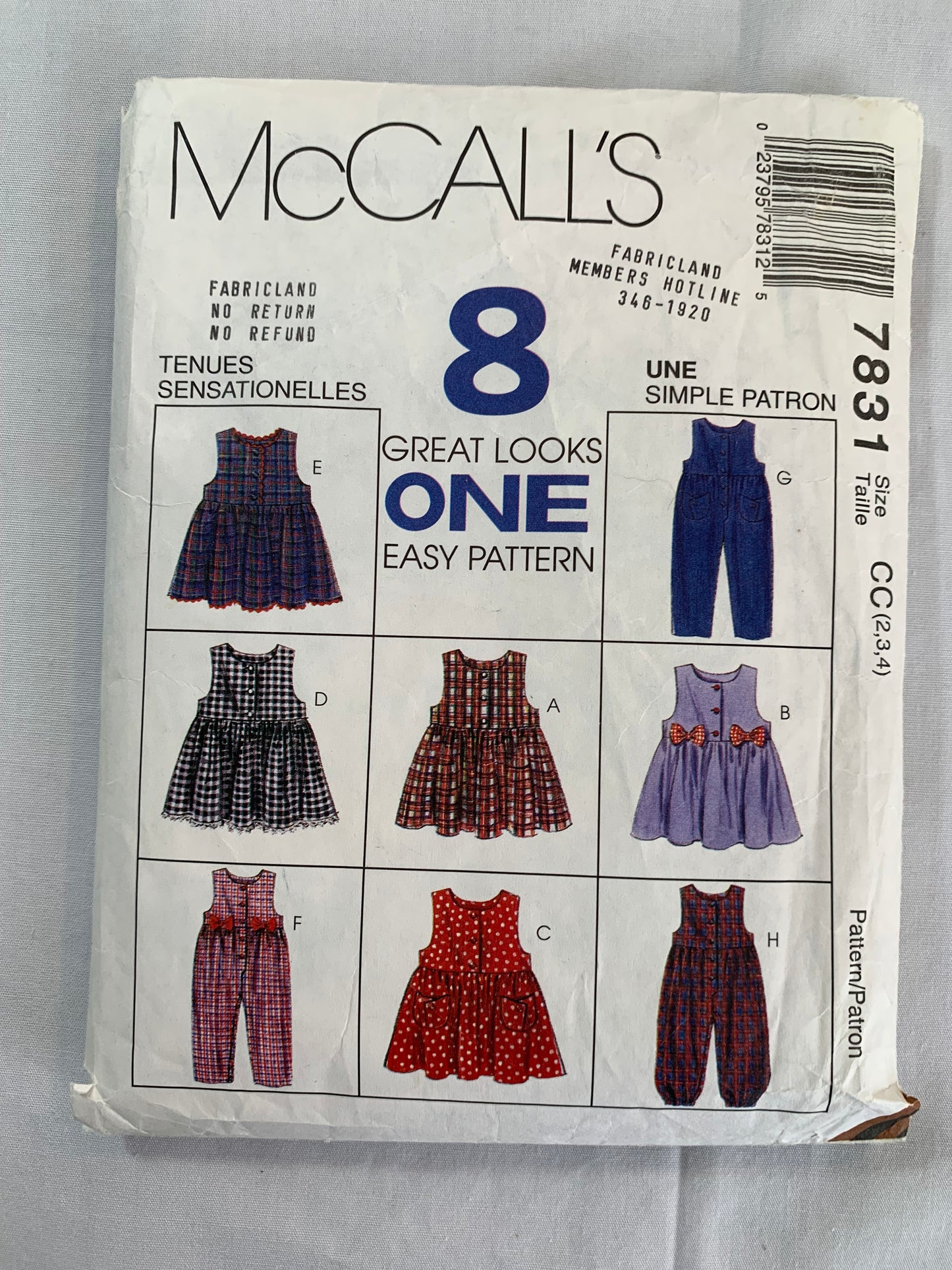 McCall's Sewing Pattern 7831 Toddlers' Jumpsuit, Jumper, Snap Crotch, Pockets, Size 2-4, Uncut, Vintage 1995