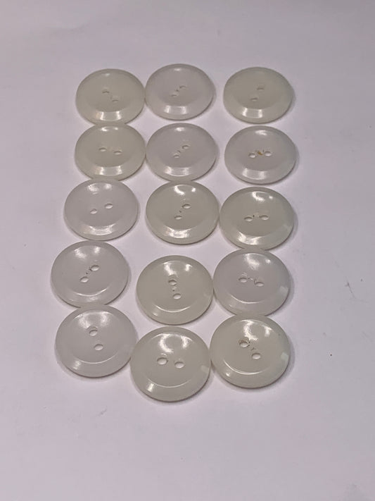 Vintage 15 Round Plastic Buttons, Two Holes, White, 1.5 cm, New/Old Stock