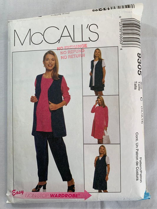 McCall's Sewing Pattern 9305 Misses' Maternity Dress, Tunic, Jumper, Vest, Pull-On Pants, Shorts, Size 10-14, Cut, Vintage 1998