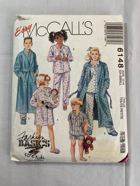 McCalls Sewing Pattern 6148 Girls'/Boys' Nightshirt, Pull-On Pants/Shorts, Top, Robe, Housecoat, Button Front, Pajamas, Tie Belt, Size 2-4, Cut, Vintage 1992