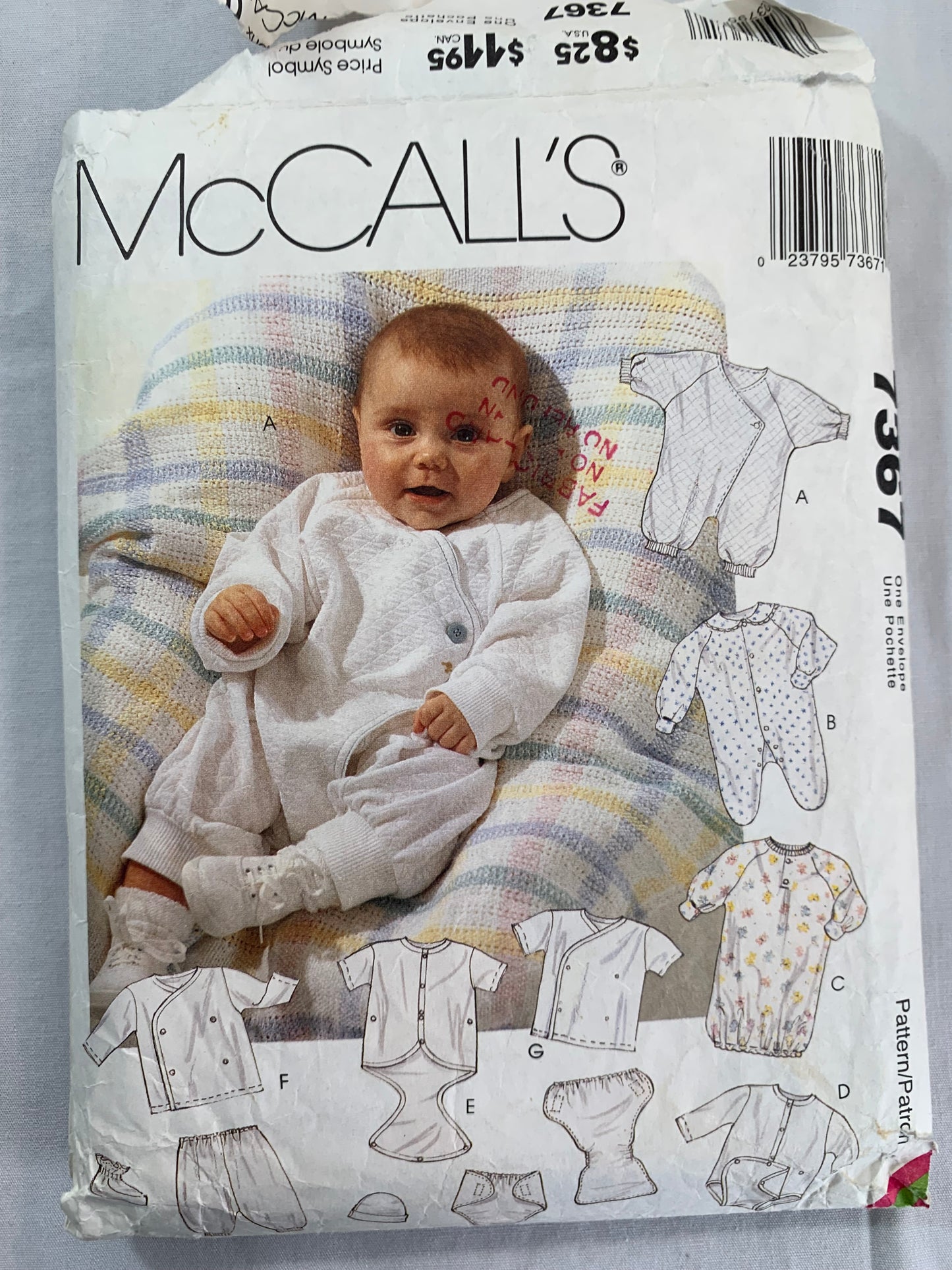 McCall's Sewing Pattern 7367 Infants' Layette, Stretch Knits Only, Jumpsuit, Romper, Gown, Playsuit, T-Shirt, Diaper Cover, Cap, Booties, Size 7-18 Pounds, Cut, Vintage 1994