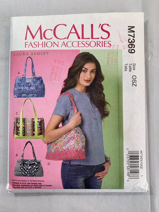 McCall's Sewing Pattern M7369 Fashion Hand Bags, 4 Variations, Totes, Shoulder Straps, Zipper Closure, Shopping, Gym, Swim, Cut, 2016