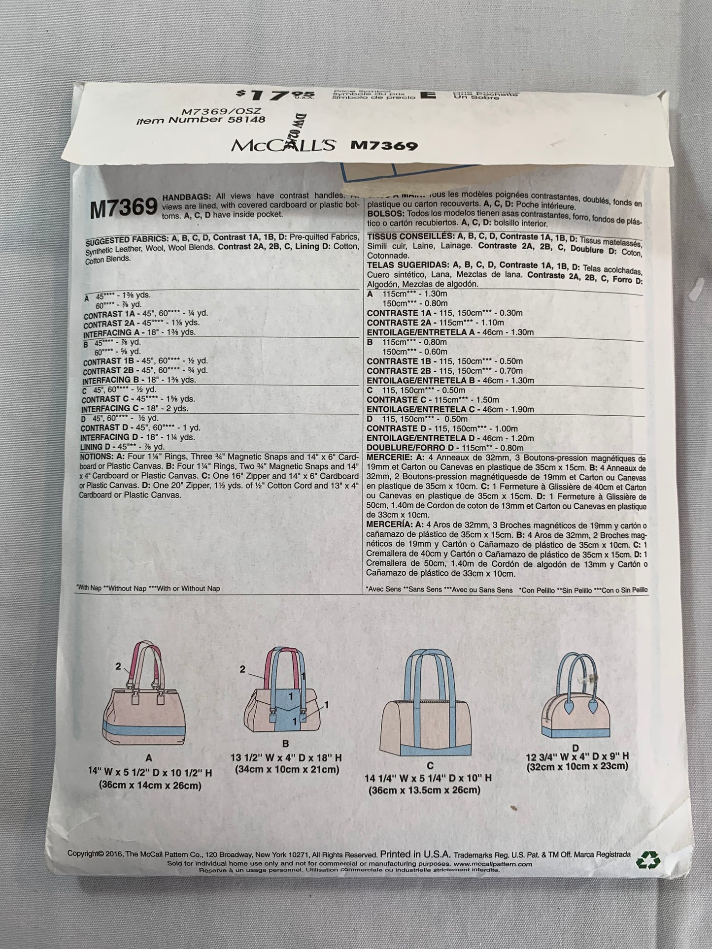 McCall's Sewing Pattern M7369 Fashion Hand Bags, 4 Variations, Totes, Shoulder Straps, Zipper Closure, Shopping, Gym, Swim, Cut, 2016