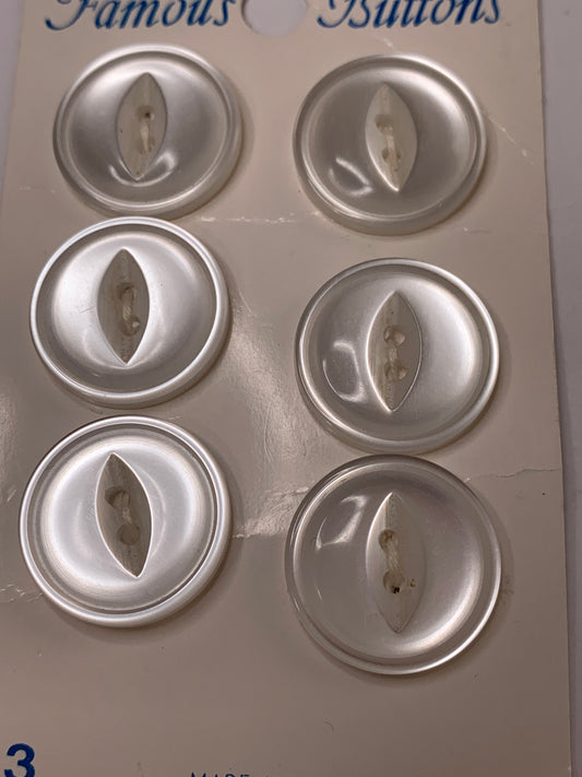 Vintage 6 Round Plastic Buttons, Two Holes, White, 2.0 cm, New/Old Stock