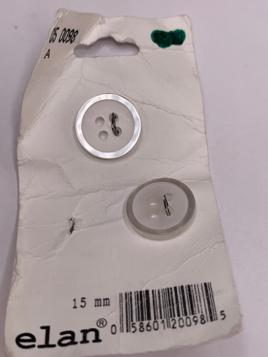 Vintage Children/Baby 2 Round Plastic Buttons, Four Holes, White, 1.5 cm, New/Old Stock