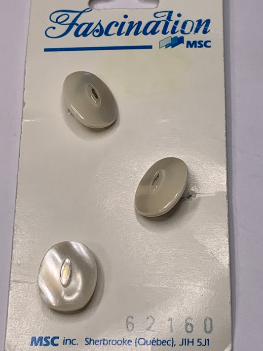 Vintage 3 Oval Plastic Buttons, Shank, Off White, Beige, 1.5 cm, New/Old Stock