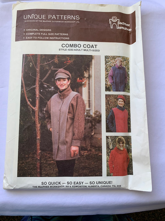 Unique Sewing Patterns 235 Adult Combo Coat MacPhee Workshop,4 Variations, Collar, Button Front, Size XS-XL, Uncut, Vintage 1980 1991