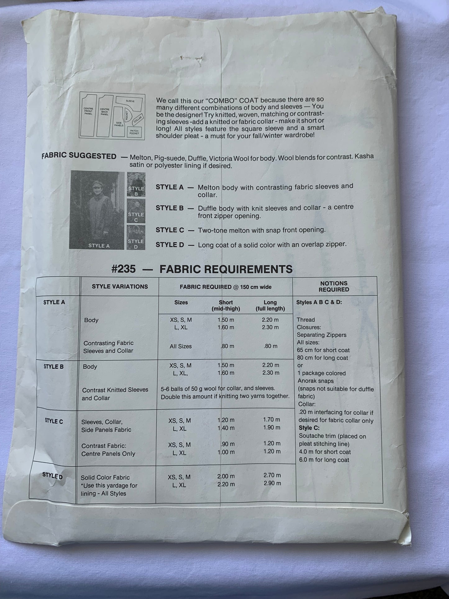 Unique Sewing Patterns 235 Adult Combo Coat MacPhee Workshop,4 Variations, Collar, Button Front, Size XS-XL, Uncut, Vintage 1980 1991