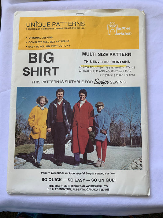 Unique Sewing Pattern 250 Adult Big Shirt, Macphee Workshop, Loose-Fitting, Two Lenths, Pockets, Button Front, Collar, Size 30-46 Chest, Uncut, Vintage 1991
