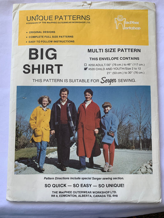 Unique Sewing Pattern 520 Child/Youth Big Shirt, Macphee Workshop, Loose-Fitting, Two Lenths, Pockets, Button Front, Collar, Size 2-12, Uncut, Vintage 1991