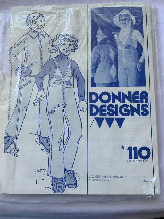 Donner Designs Sewing Pattern 110 Children's Jacket, Jumpsuit, Zipper Front, Pockets, Collar, Shoulder Straps, Long Sleeves, Size 4-12, Uncut, Vintage 1980