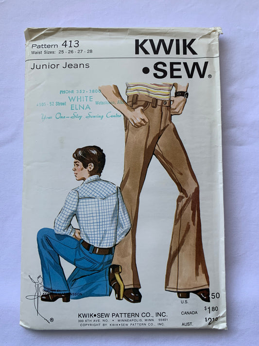KWIK Sewing Pattern 413 Boys'/Junior Jeans, Fly Zipper, Belt Loops, Bell-Bottom Legs, Pockets, Size 25-28 Waist, Uncut, Vintage 1970
