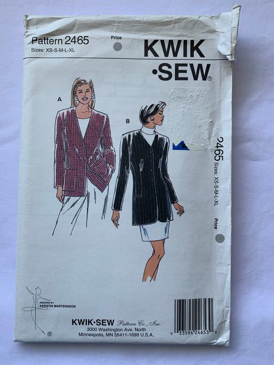 KWIK Sewing Pattern 2465 Misses' Jackets, Semi-Fitted, Shoulder Pads, Collar, Pocket, Two Lengths, Size 31-45 Bust, Uncut, Vintage 1998