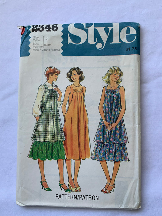 Style Sewing Pattern 2346 Misses' Top, Skirt, Dress, Pullover, Sleeveless, Pockets, Ruffle, Flared, Size 10, Uncut, Vintage 1978