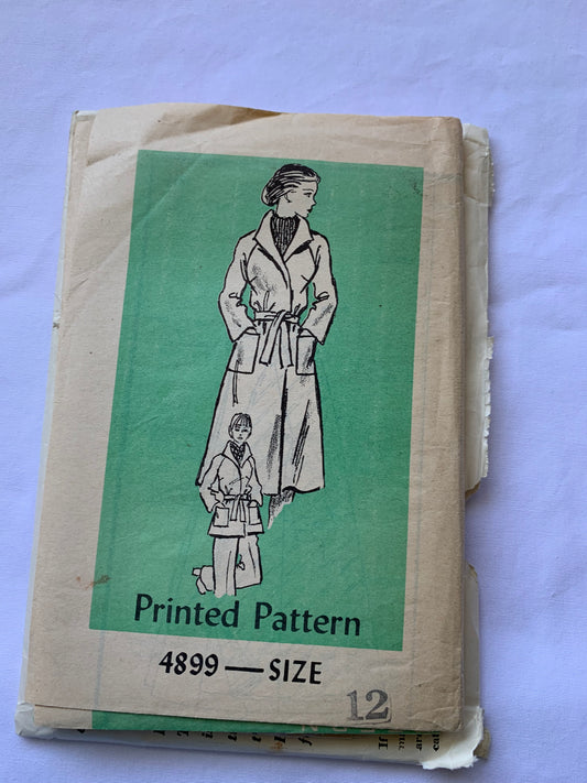 Mail Ordered Sewing Pattern 4899 Misses' Jacket, Coat, Pants, Zipper Fly, Two Lengths, Tie Belt, Pockets, Collar, Size 12, Uncut, Vintage 1976