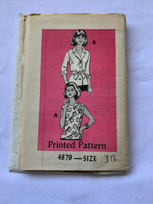 Mail Ordered Sewing Pattern 4879 Misses' Top, Blouse, 2 Variations, Long Sleeves, Sleeveless, Tie Belt, Button Front, Collar, Size 10, Uncut, Vintage 1979