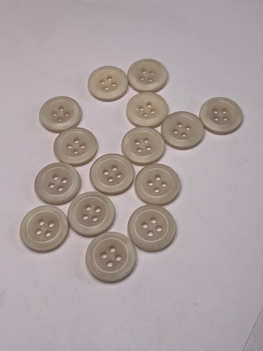 Vintage 16 Round Plastic Buttons, Four Holes, Off White, Beige, 1.5 cm, New/Old Stock
