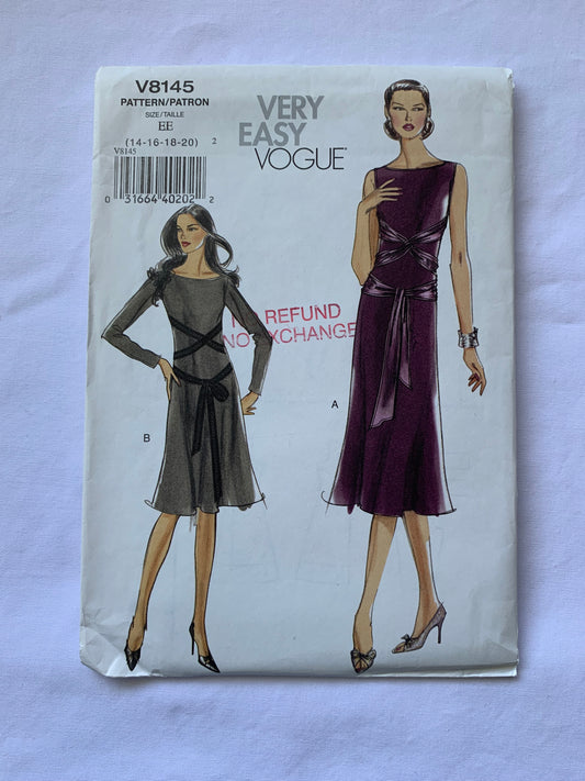 Vogue Sewing Pattern B8145 Misses'/Misses' Petite Dress, Two Lengths, A-Line, Zipper Back, Tie Ends, Sleeveless, Size 14-20, Uncut, 2006