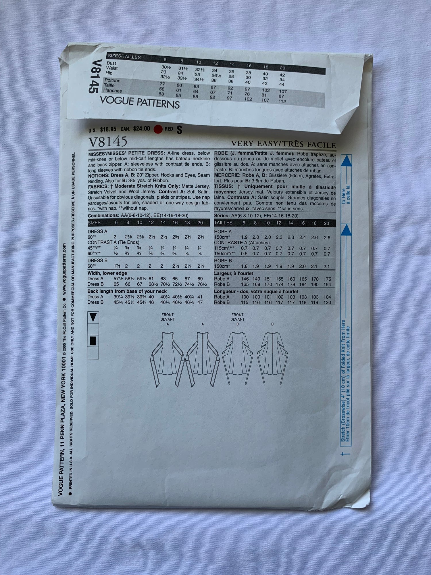Vogue Sewing Pattern B8145 Misses'/Misses' Petite Dress, Two Lengths, A-Line, Zipper Back, Tie Ends, Sleeveless, Size 14-20, Uncut, 2006